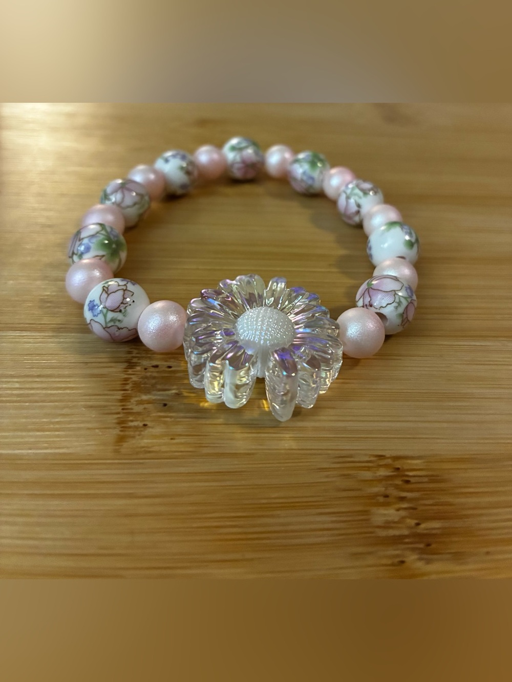Pink Floral Beaded Stretch Bracelet with Clear Daisy Accent